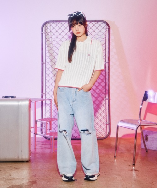 ポロシャツ ポロ (WOMAN) WAVE Symbol Cable  SHORT SLEEVE Collar Knit レディース codegraphy ポロシャツ ポロ (WOMAN) WAVE Symbol Cable SHORT