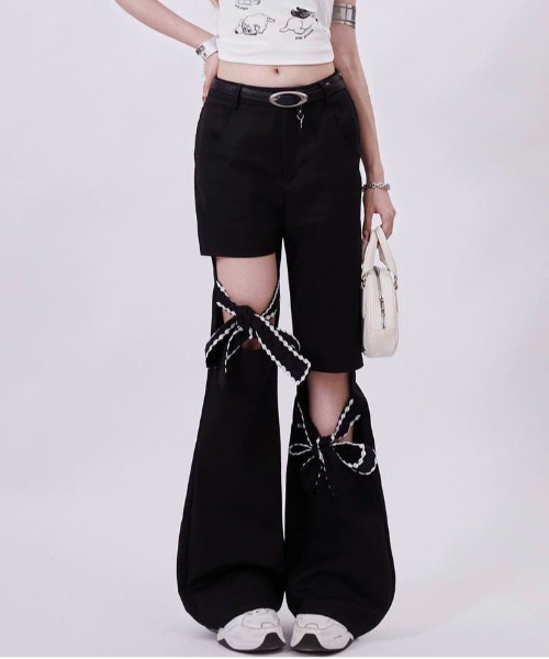 gossip!ロサンゼルス パンツ リボン ハイウェスト フレアパンツ