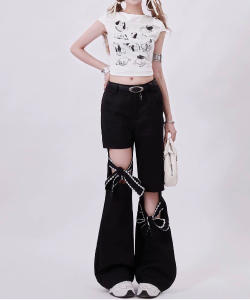 gossip!ロサンゼルス パンツ リボン ハイウェスト フレアパンツ