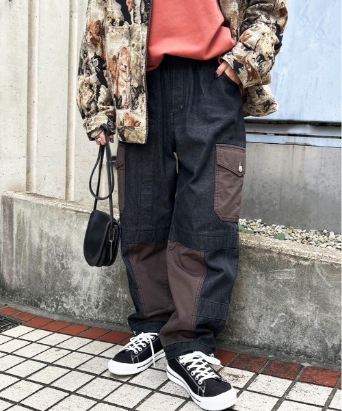 メンズ デニムパンツ ルーズ 大きめ フルレングス 異素材 N00353 DOUBLE NAME ジーンズ デニム デニムパンツ 異素材ワークビルド