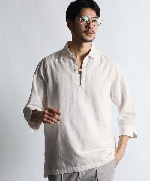 ランバンオンブルー リネン混スキッパーシャツ 綿 麻 7分袖 24ss 白系 LANVIN en Bleu シャツ コットン/リネン素材 7分袖 スキッパー