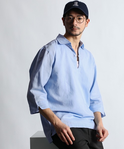 ランバンオンブルー リネン混スキッパーシャツ 綿 麻 7分袖 24ss 白系 LANVIN en Bleu シャツ コットン/リネン素材 7分袖 スキッパー