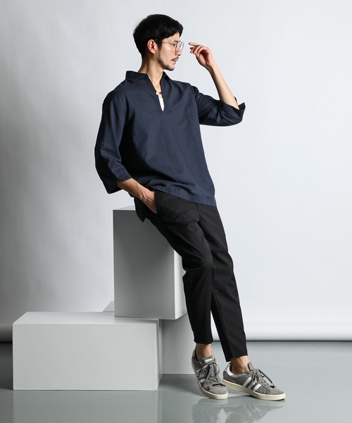 LANVIN en Bleu シャツ コットン/リネン素材 7分袖 スキッパー