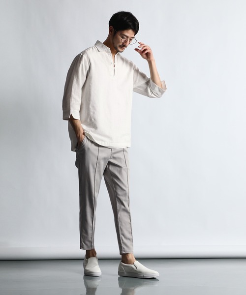 ランバンオンブルー リネン混スキッパーシャツ 綿 麻 7分袖 24ss 白系 LANVIN en Bleu シャツ コットン/リネン素材 7分袖 スキッパー