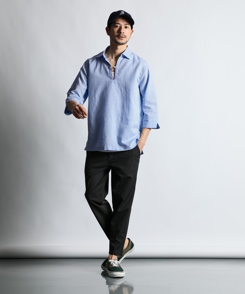 ランバンオンブルー リネン混スキッパーシャツ 綿 麻 7分袖 24ss 白系 コットン/リネン素材 7分袖 スキッパーシャツ（シャツ/ブラウス