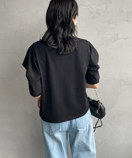 tシャツ 「mizuiro ind/ミズイロインド」 ドレープスリーブ 5分丈Tシャツ レディース セール】mizuiro ind ボーダードレープスリーブTシャツ（Tシャツ