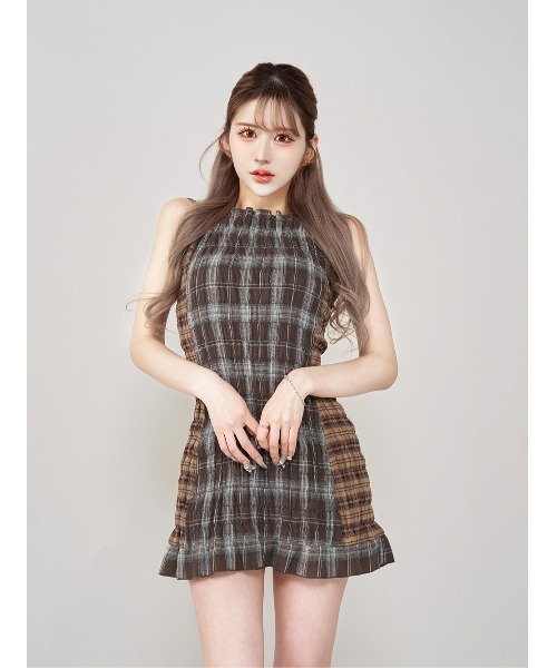 Darich チェックコンビミニワンピース FL ダーリッチ Darich チェックコンビミニワンピース （ブラウン