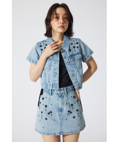 rienda リエンダ ゴムギャザーショートデニムジャケット rienda ゴムギャザーショート DENIM JK L/GRY1 -ファッション