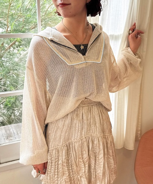 tシャツ メッシュニットハーフZIPフーディー レディース