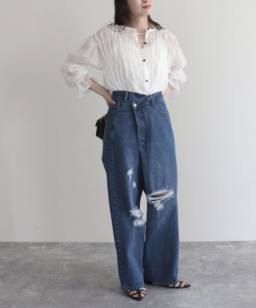 「fredy emue」 ダメージ加工デニムパンツ 36 サックスブルー レディース