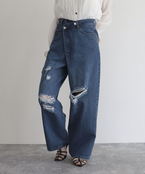 「fredy emue」 ダメージ加工デニムパンツ 36 サックスブルー レディース