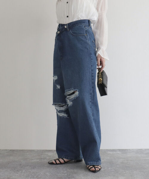 「fredy emue」 ダメージ加工デニムパンツ 36 サックスブルー レディース