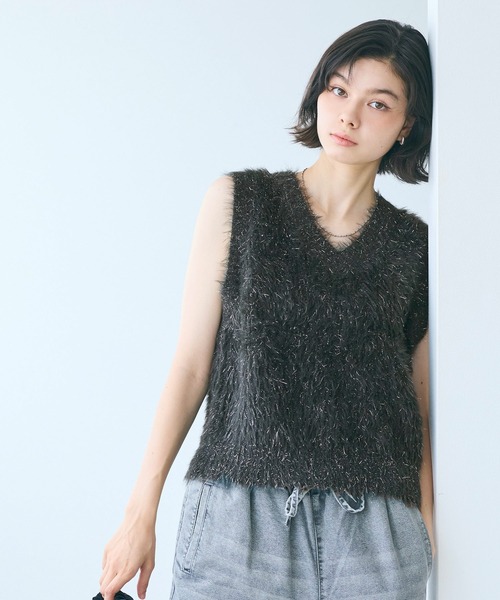 coca ベスト ジレ ラメふんわりシャギーVネックニットベスト