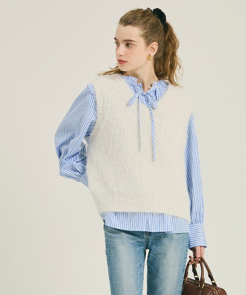 eLLa selectshop ボアシャギーニットジレ　ベスト coca（コカ） ベスト ジレ ラメふんわりシャギーVネックニットベスト