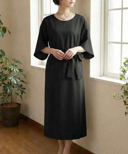 cammie ワンピース ウエストマークボリュームスリーブロングワンピース