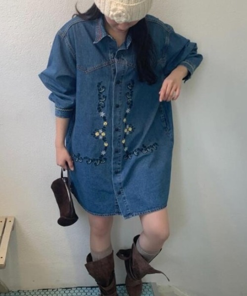 ワンピース シャツカラー ボタンファスナー 刺繍デコレーション