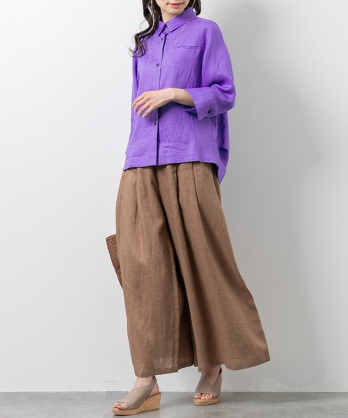ワイドパンツ パンツ フレンチリネン100％ タックアクセント ふんわり