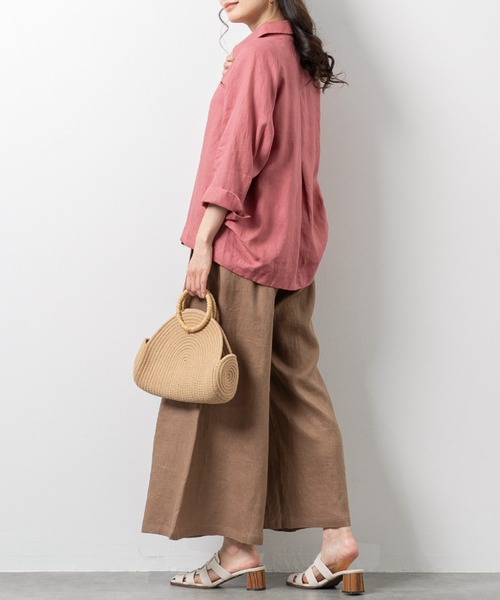 ワイドパンツ パンツ フレンチリネン100％ タックアクセント ふんわり
