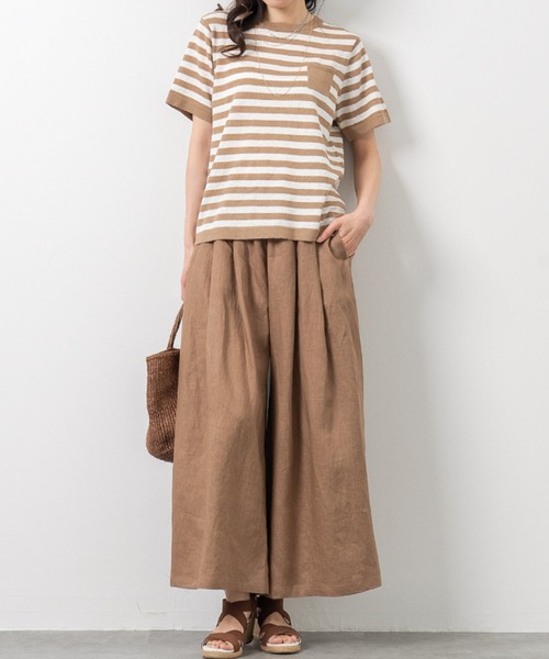 ワイドパンツ パンツ フレンチリネン100％ タックアクセント ふんわり