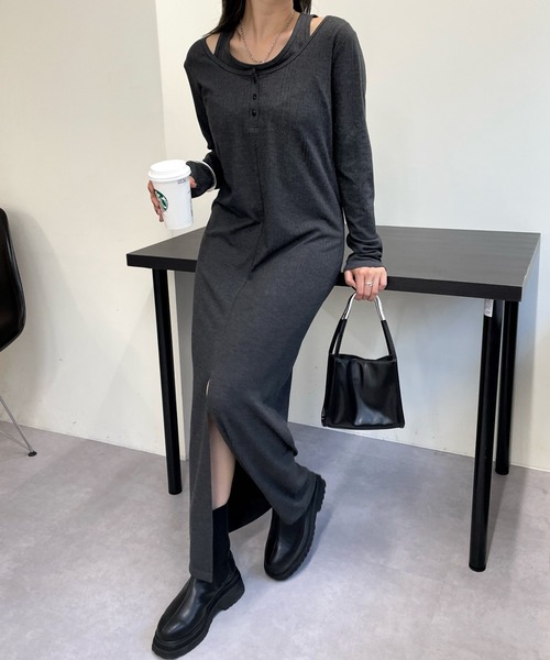 「WHO'S WHO gallery」 長袖ワンピース FREE チャコールグレー レディース_画像8