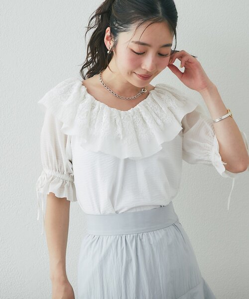 ブラウス シャツ 「今すぐお届け！・最強愛され系」リップルレース衿ブラウス レディースの画像