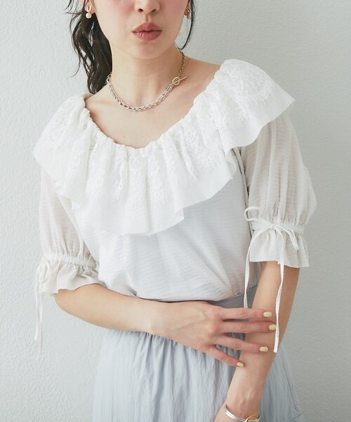 ブラウス シャツ 「今すぐお届け！・最強愛され系」リップルレース衿ブラウス レディースの画像