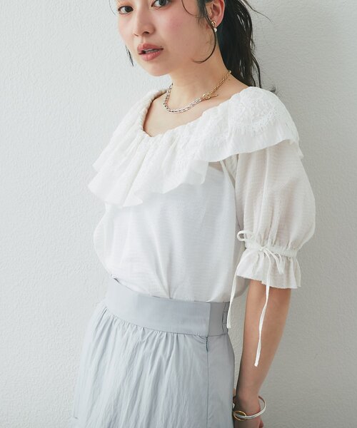 ブラウス シャツ 「今すぐお届け！・最強愛され系」リップルレース衿ブラウス レディースの画像