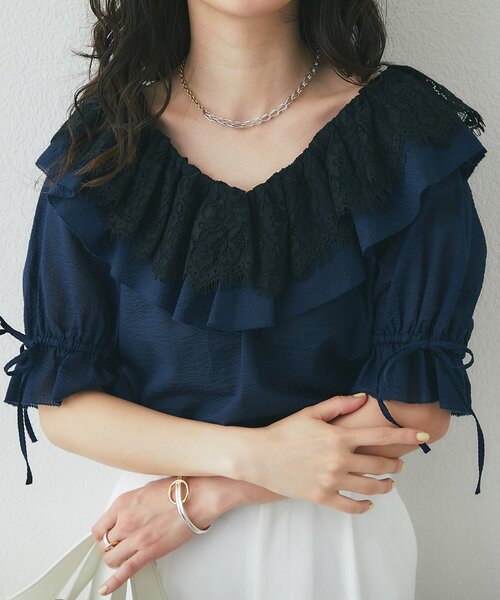ブラウス シャツ 「今すぐお届け！・最強愛され系」リップルレース衿ブラウス レディースの画像