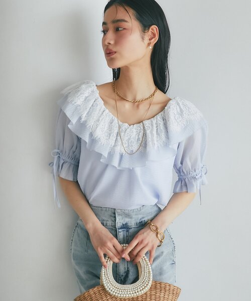 ブラウス シャツ 「今すぐお届け！・最強愛され系」リップルレース衿ブラウス レディースの画像