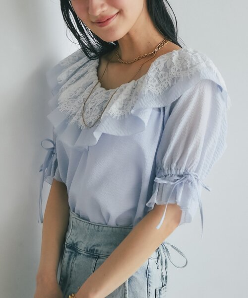 ブラウス シャツ 「今すぐお届け！・最強愛され系」リップルレース衿ブラウス レディースの画像