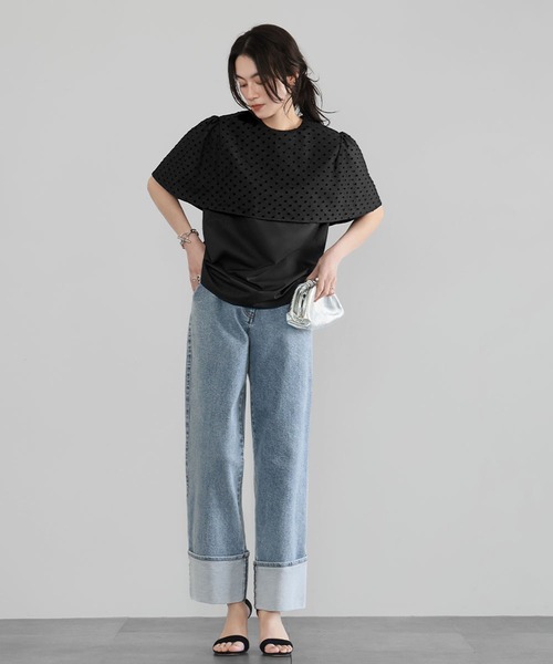 ELFRANK ブラウス シャツ 半袖 ドットチュールケープブラウス 