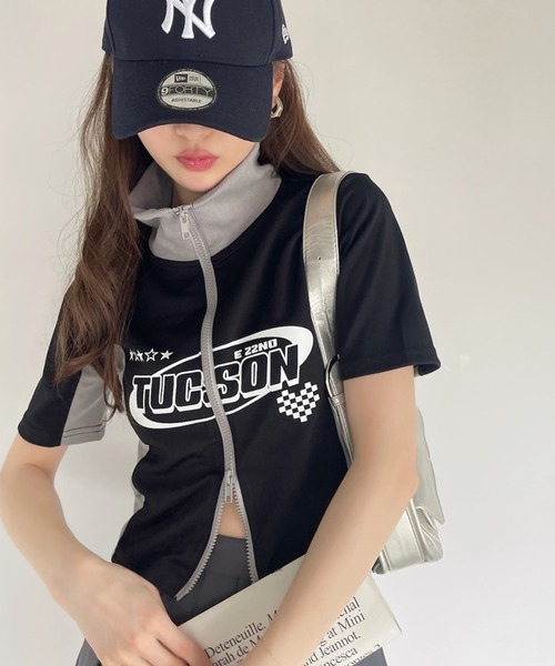 Ada. tシャツ 半袖 ダブルジップ ゲーミング ハイネック クロップド