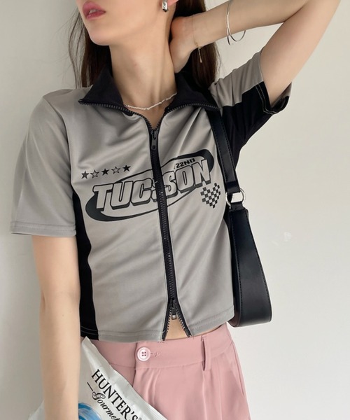 Ada. tシャツ 半袖 ダブルジップ ゲーミング ハイネック クロップド