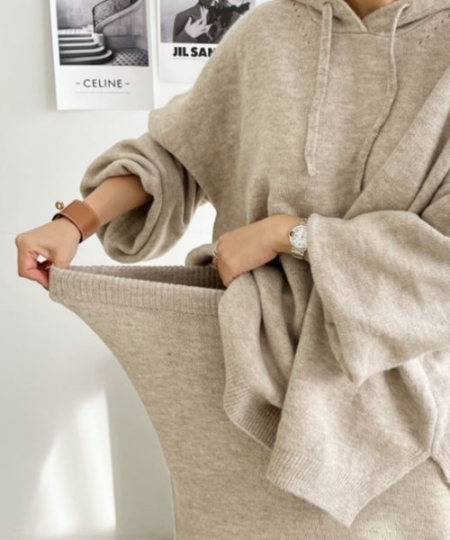 N.s セットアップ スリットフードトップス＋スカートニット  