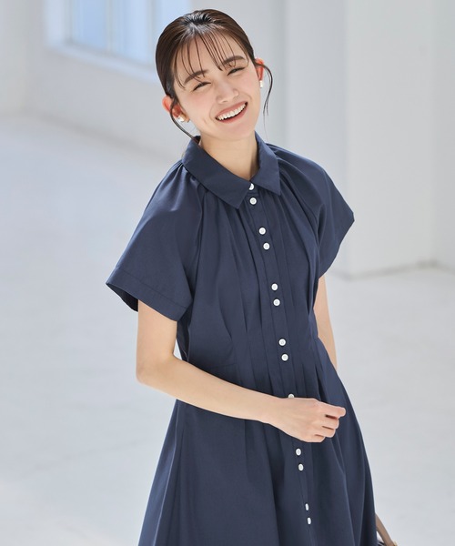 ワンピース　おしゃれ　オフィス　通勤　ファッションW RUIRUE BOUTIQUE シャツワンピース 洗える ｜ タック ＆ フレア