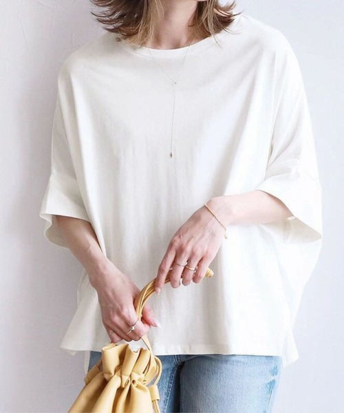 tシャツ サイドスリット七分袖クルーネックTシャツ レディース
