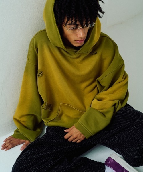 パーカー 「ADAMPATEK/アダムパテック」aged green damage pullover hoodie ダメージパーカー