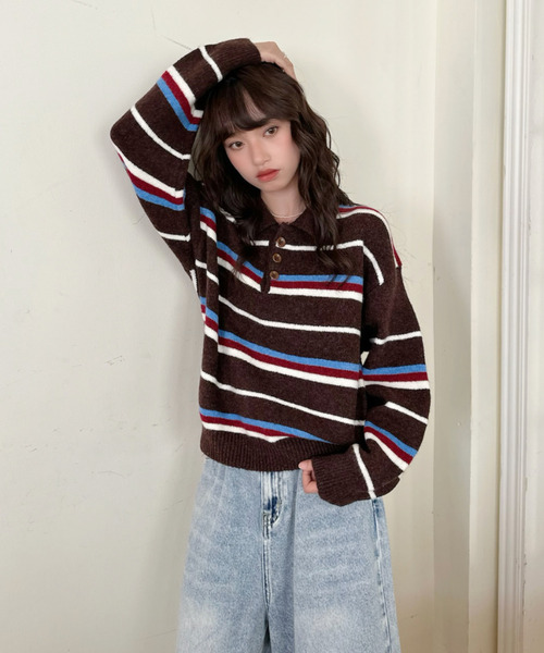 ニット セーター 「Good Riddance」ボーダー ポロ レディース