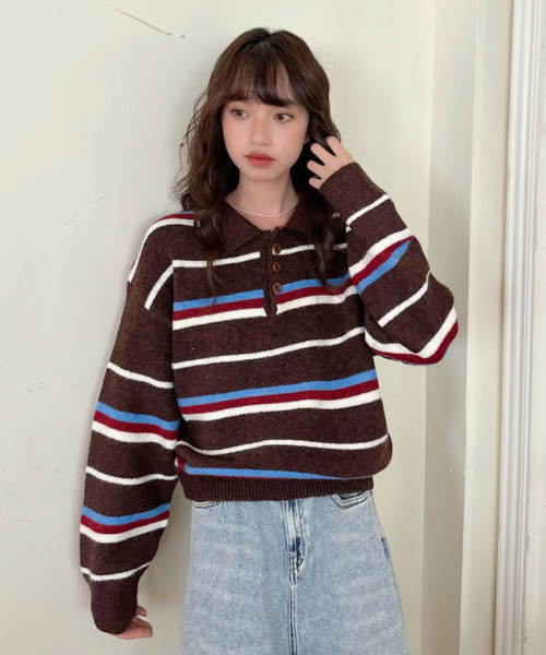ニット セーター 「Good Riddance」ボーダー ポロ レディース