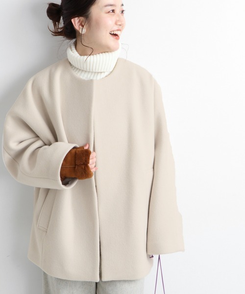 イエナ／ほぼ新品❤️ノーカラーコクーンコート36 アイボリーホワイト／ナチュラル IENA（イエナ） ノーカラーコート 36 ネイビー レディース : ZOZOTOWN