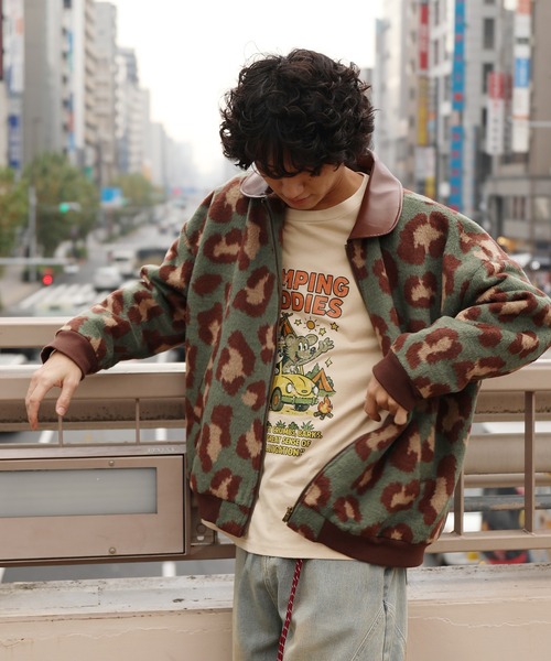 オールド アメカジ CORISCO フレアモチーフ ニットカバーオールジャケット カバーオール HOOK -original- レトロ古着風 PU襟レオパード調メルトン