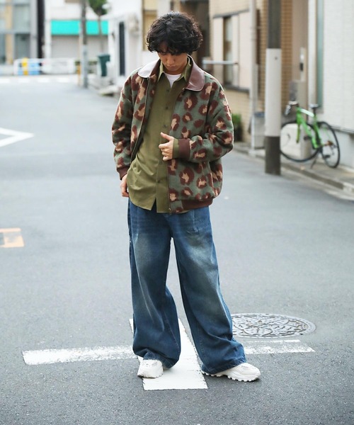 カバーオール HOOK -original- レトロ古着風 PU襟レオパード調メルトン