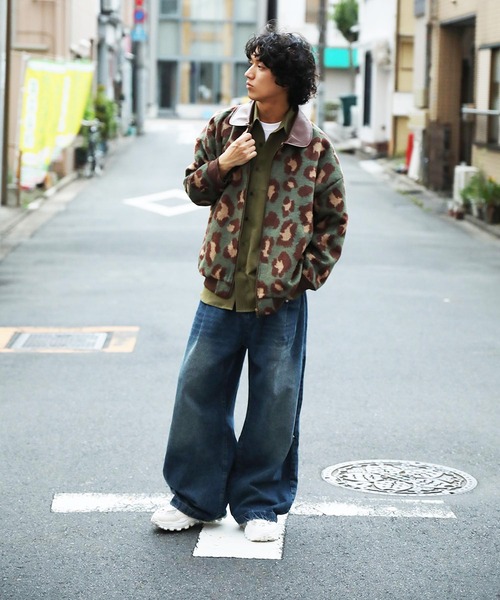 カバーオール HOOK -original- レトロ古着風 PU襟レオパード調メルトン