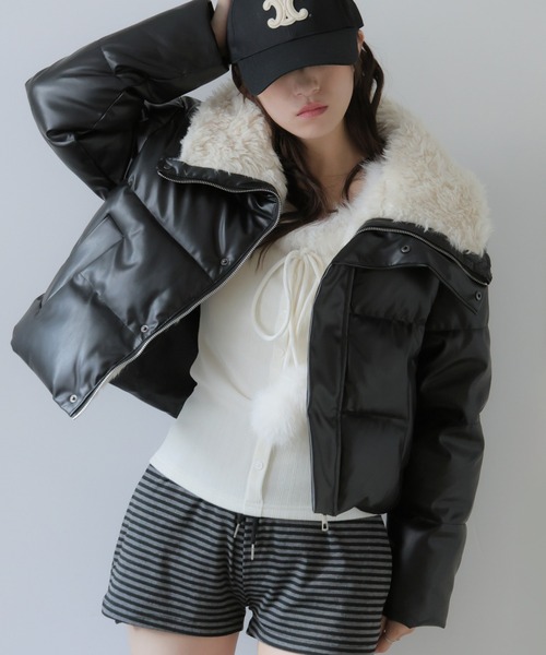 ULYSSES ダウンコート ダウンジャケット ボア襟フェイクレザーショート