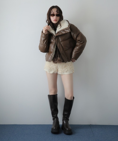 ULYSSES ダウンコート ダウンジャケット ボア襟フェイクレザーショート