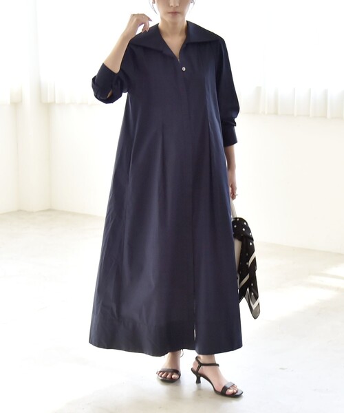 overE Aラインシャツワンピース 25AW：ネイビー overE Aラインシャツワンピース 25AW：ネイビー overE Aラインシャツ