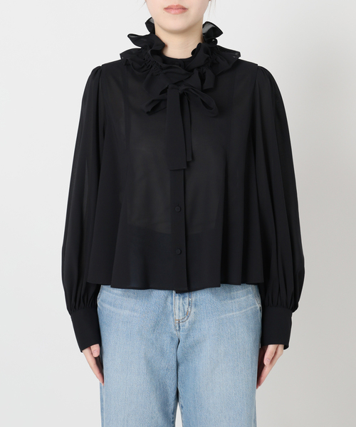 ■専用■美品 IENA 2,4万 イタリア製生地 セーラー ボウタイブラウス IENA（イエナ） ブラウス シャツ ＆NAVY シアーボウタイブラウス