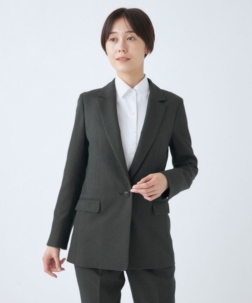 「SUIT SELECT」 パンツスーツ LL チャコールグレー レディースの画像