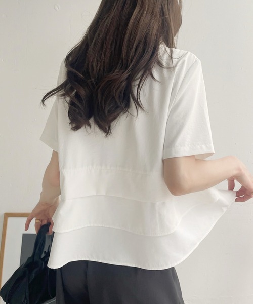 美品＊アドーア ティアードペプラム風メッシュブラウス 日本製 ホワイト 半袖 Ada. ブラウス シャツ 半袖 ティアード ペプラム 半袖 シャツ ブラウス