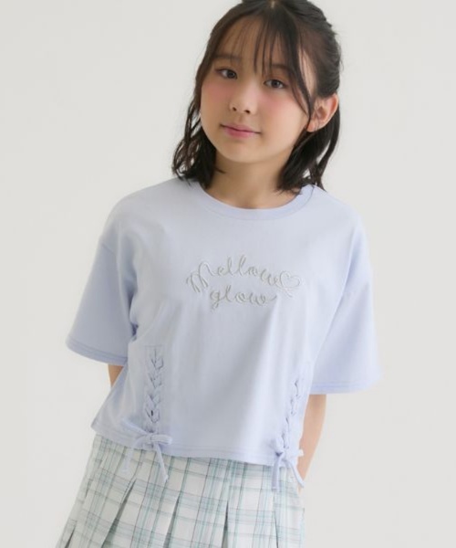 レース装飾 半袖カットソー ライトパープル PINK-latte（ピンクラテ） tシャツ アソート柄レースアップ半袖Tシャツ
